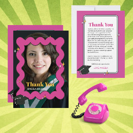 Pink retro squiggle wavy photo thank you  card