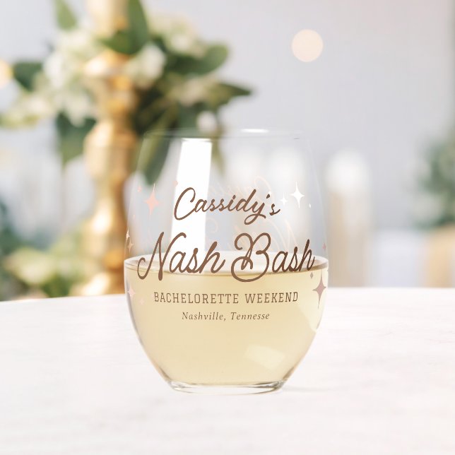Pink Retro Stars Nash Bash Bachelorette Stemless Wine Glass (Insitu (Wedding))