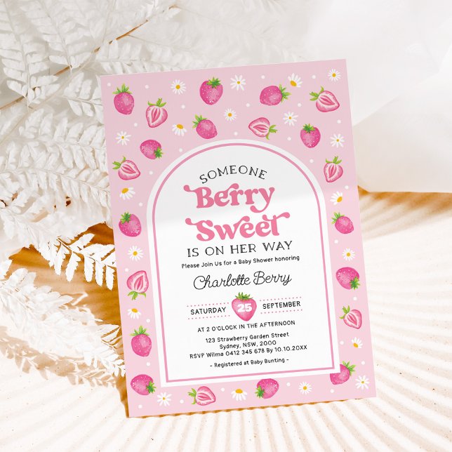 Pink Retro Strawberry Berry Sweet Baby Girl Shower Invitation (Creator Uploaded)