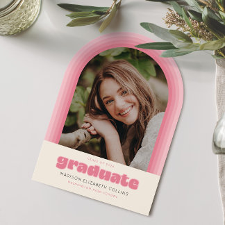 Pink Retro Striped Arch Graduation Announcement