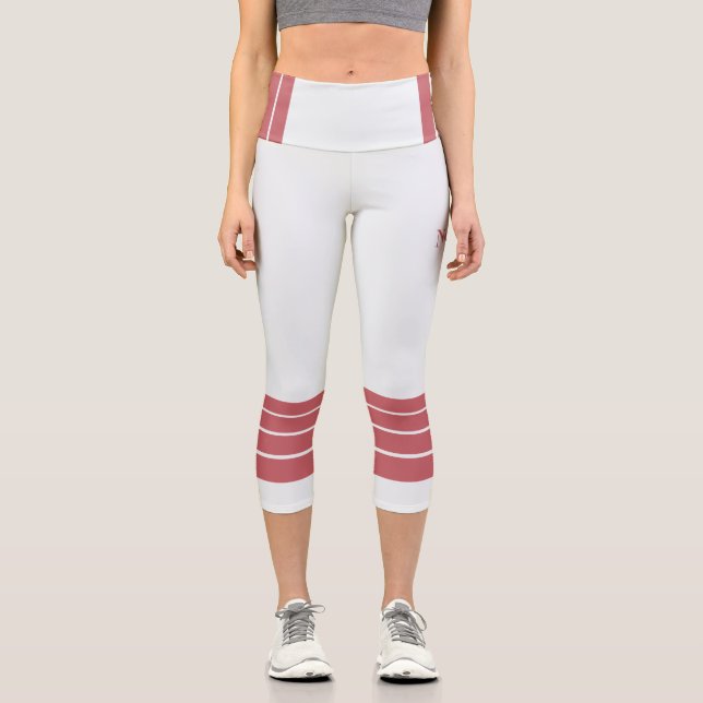 Pink Retro Stripes and Text on Minimalist Capri Leggings (Front)