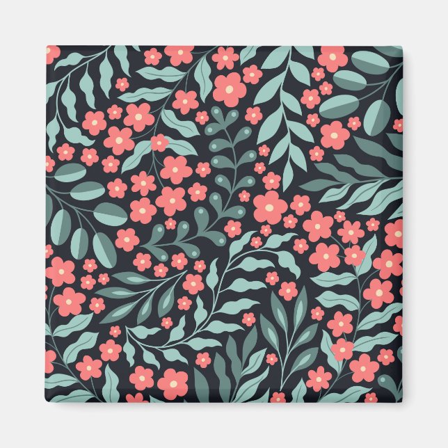 Pink retro style blooming flowers in Nordic style Magnet (Front)