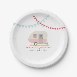 Pink Retro Trailer Wedding Paper Plate