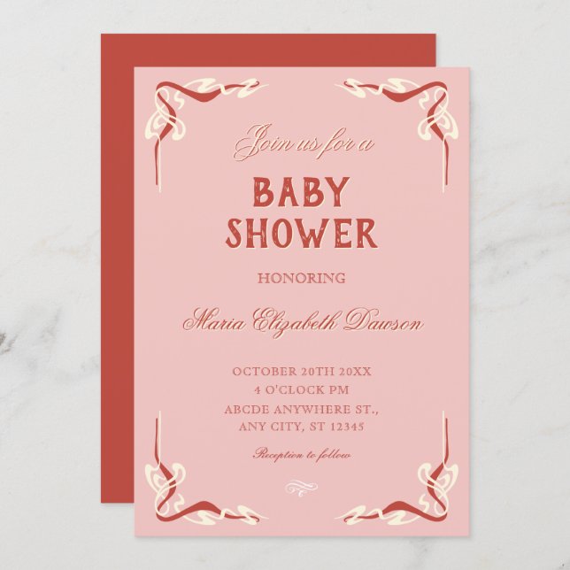 Pink retro vintage baby shower invitation (Front/Back)