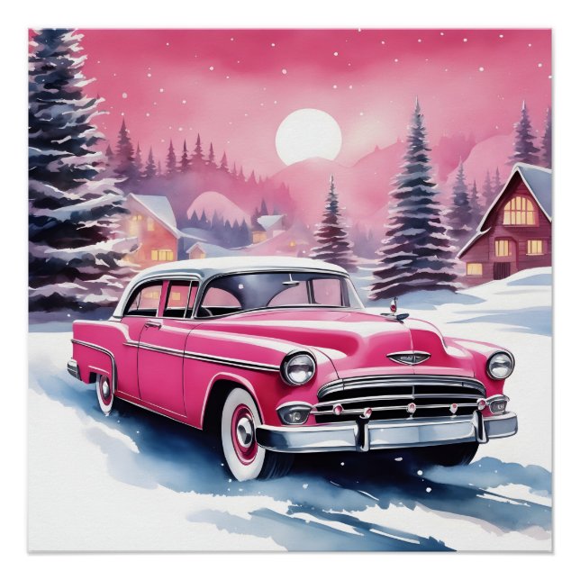 Pink Retro Vintage Car Poster (Front)