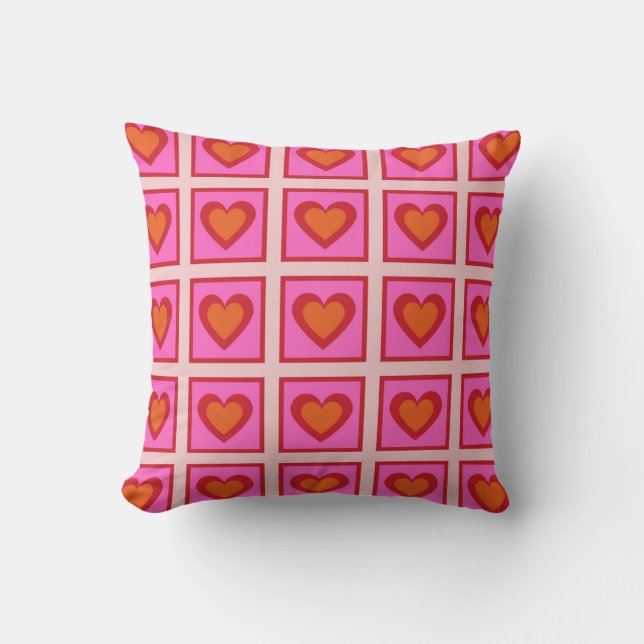 Pink Retro Vintage Chequered Heart Y2K Pattern  Cushion (Front)
