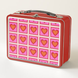 Pink Retro Vintage Chequered Heart Y2K Pattern  Metal Lunch Box