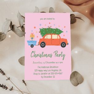 Pink Retro Vintage Red Car Christmas Party  Invitation