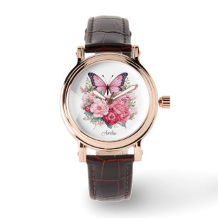 Pink Retro Watercolor Butterfly and Flowers Watch