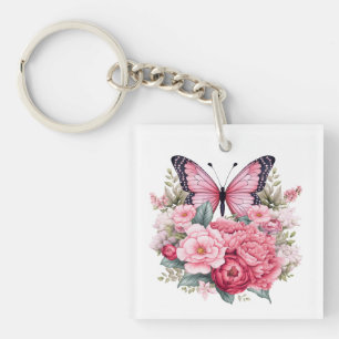 Pink Retro Watercolor Butterfly & Flowers  Key Ring