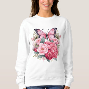 Pink Retro Watercolor Butterfly & Flowers Sweatshirt