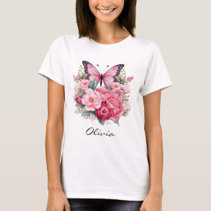 Pink Retro Watercolor Butterfly & Flowers T-Shirt