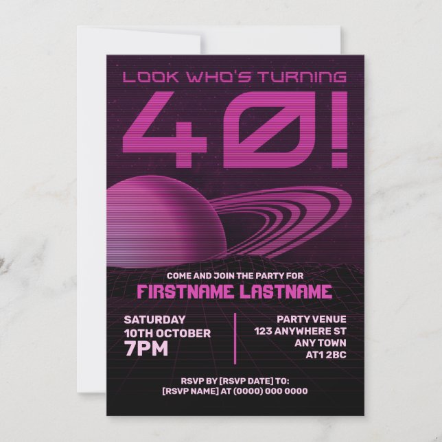 Pink Retrowave 40th Birthday Party Invitation (Front)