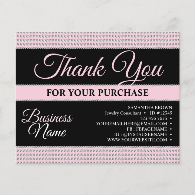 Pink Rhinestone Jewellery Thank You Insert (Front)