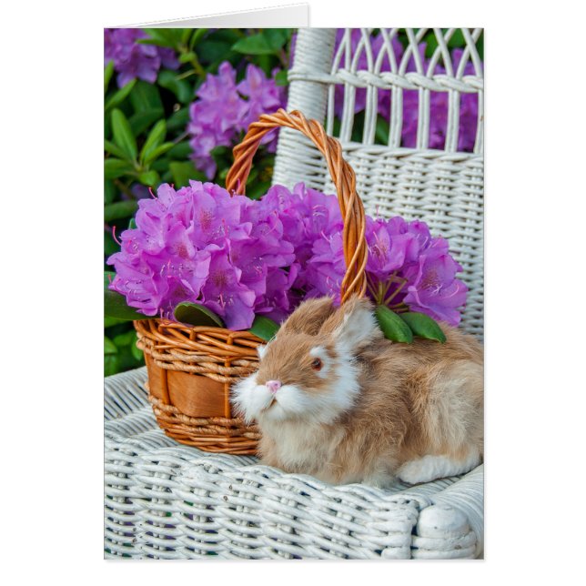 pink rhododendron bouquet and bunny on chair (Front)