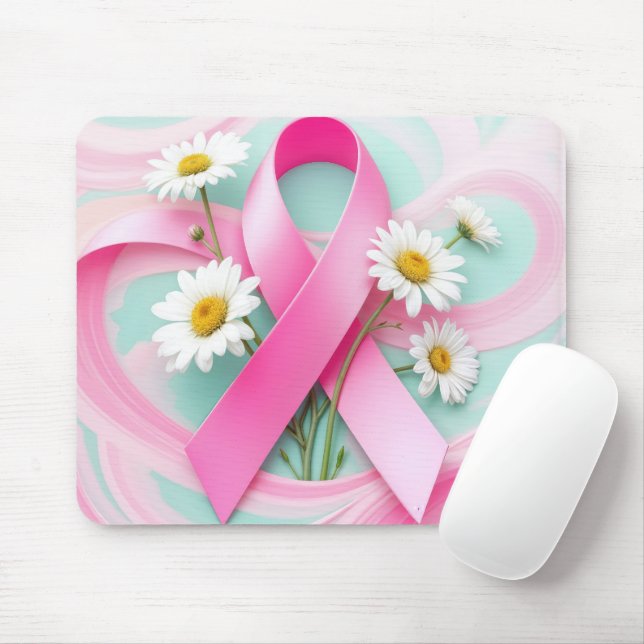 Pink Ribbon and Daisies Breast Cancer Awareness Mouse Mat (With Mouse)