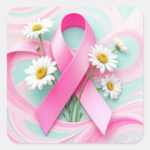 Pink Ribbon and Daisies Breast Cancer Awareness Square Sticker