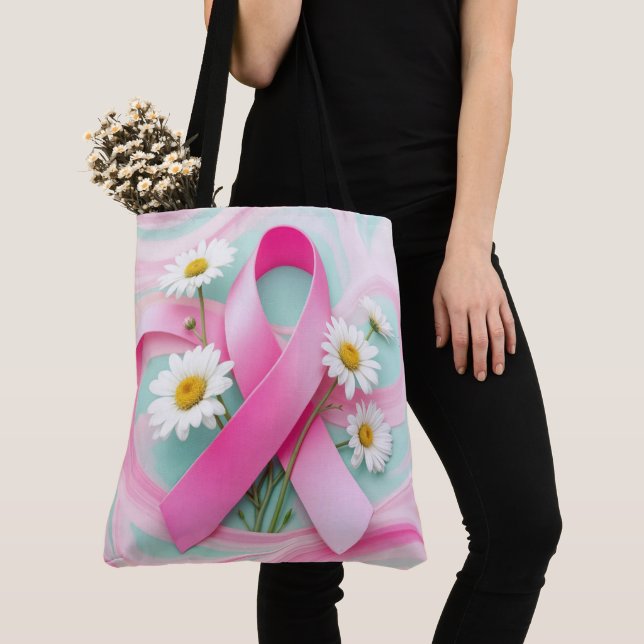 Pink Ribbon and Daisies Breast Cancer Awareness Tote Bag (Close Up)