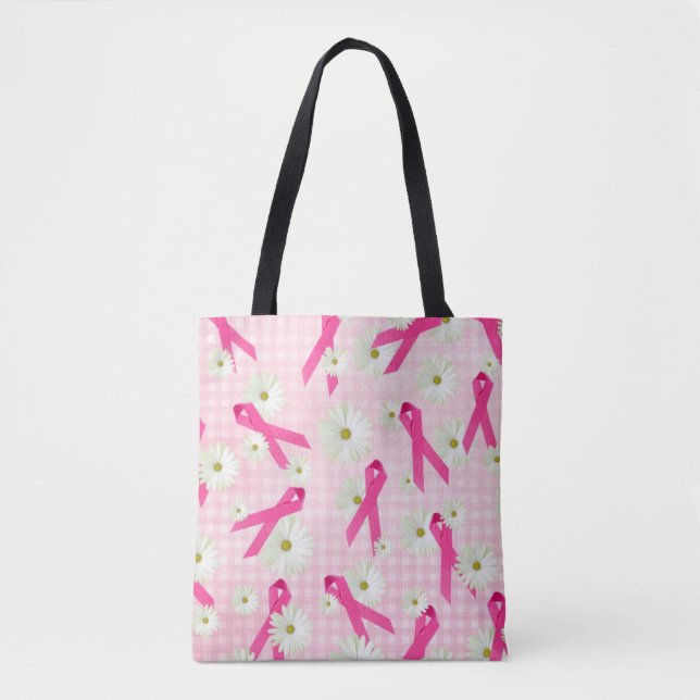 pink ribbon and daisies on gingham tote bag (Front)