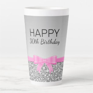 Pink Ribbon And Grey Glitter Birthday Latte Mug