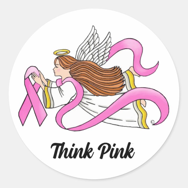 Pink Ribbon Angel Classic Round Sticker (Front)