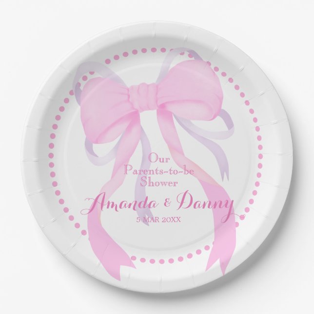 Pink Ribbon Baby Boy Shower  Paper Plate (Front)
