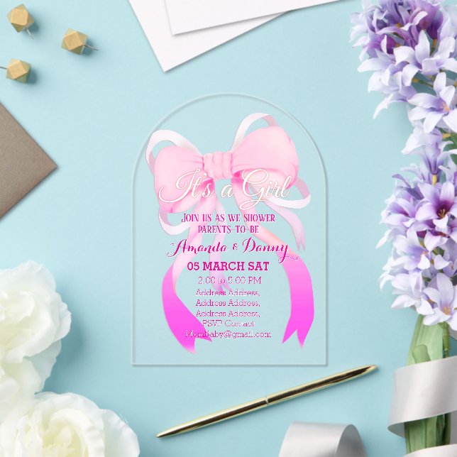 Pink Ribbon Baby Shower Arch Acrylic Invitations (Insitu (Wedding))