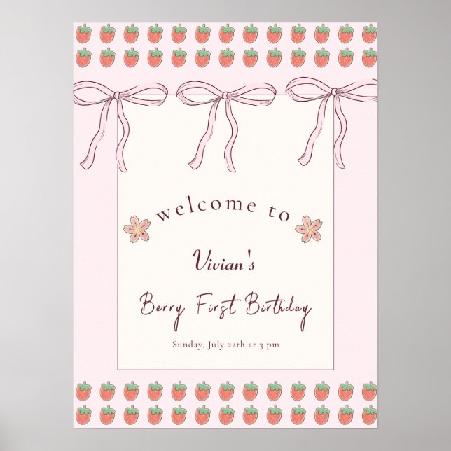 Pink Ribbon Berry First Birthday Welcome Poster (Front)
