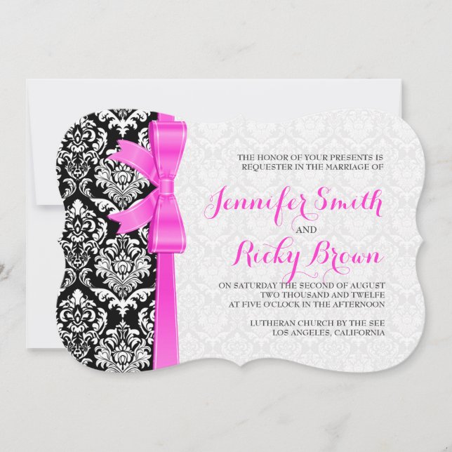 Pink Ribbon Black And White Damasks Wedding Invitation (Front)