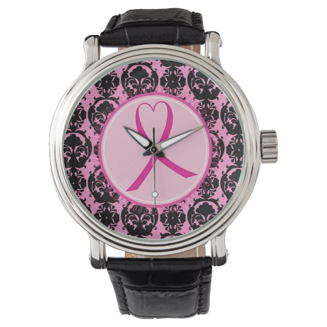 Pink Ribbon Black Damask Breast Cancer Awareness Watch (Front)
