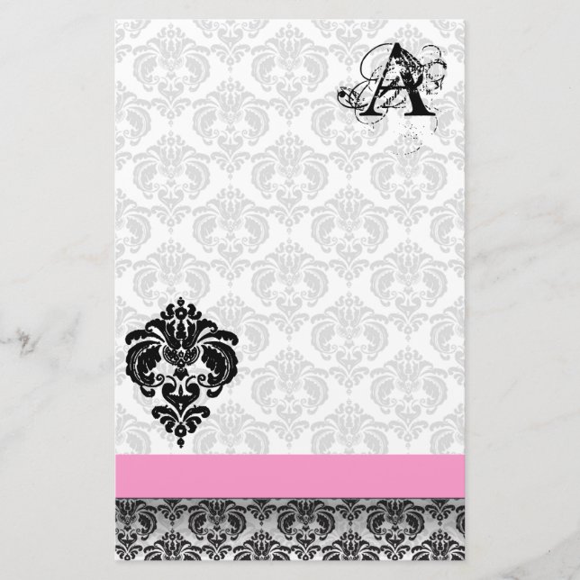Pink Ribbon Black Damask Monogram Recycled Paper (Front)