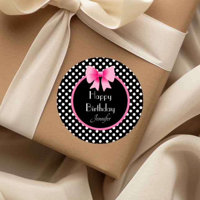 Pink Ribbon Black & White Polka Dots Birthday Classic Round Sticker (Pink Ribbon Black & White Polka Dots Birthday Classic Round Sticker)