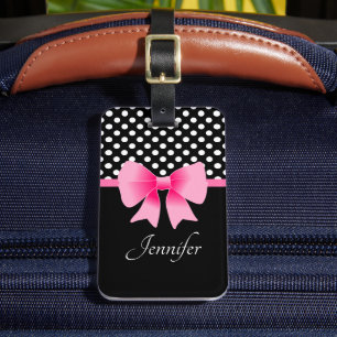 Pink Ribbon Black & White Polka Dots Luggage Tag