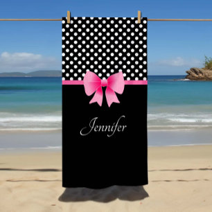 Pink Ribbon Black & White Polka Dots Name Beach Towel