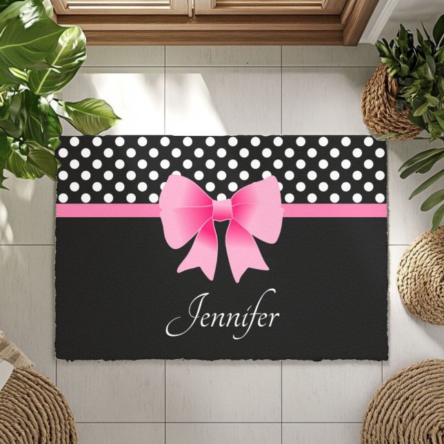 Pink Ribbon Black & White Polka Dots Name Doormat (Pink Ribbon Black & White Polka Dots Name Doormat)