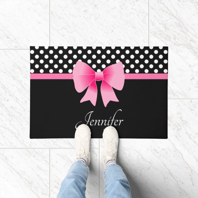 Pink Ribbon Black & White Polka Dots Name Doormat (Indoor)