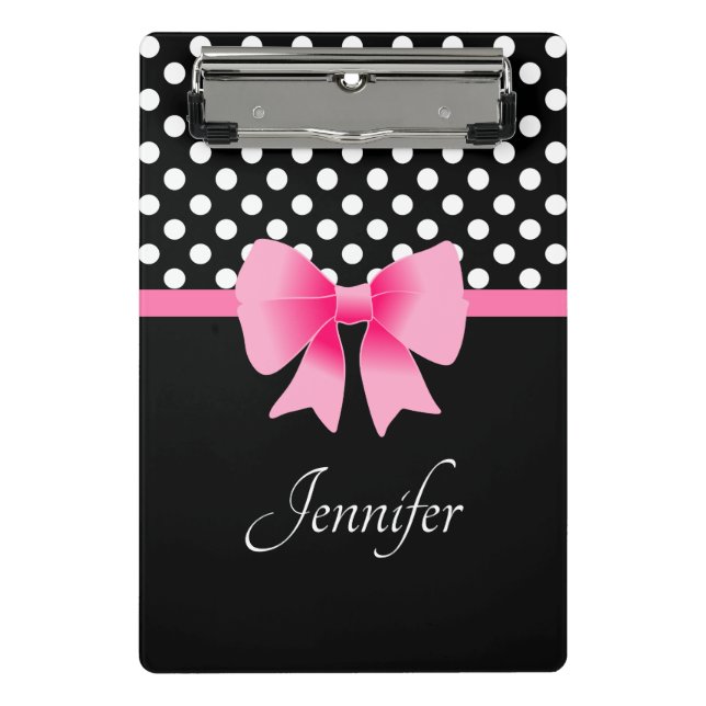 Pink Ribbon Black & White Polka Dots Name Mini Clipboard (Front)