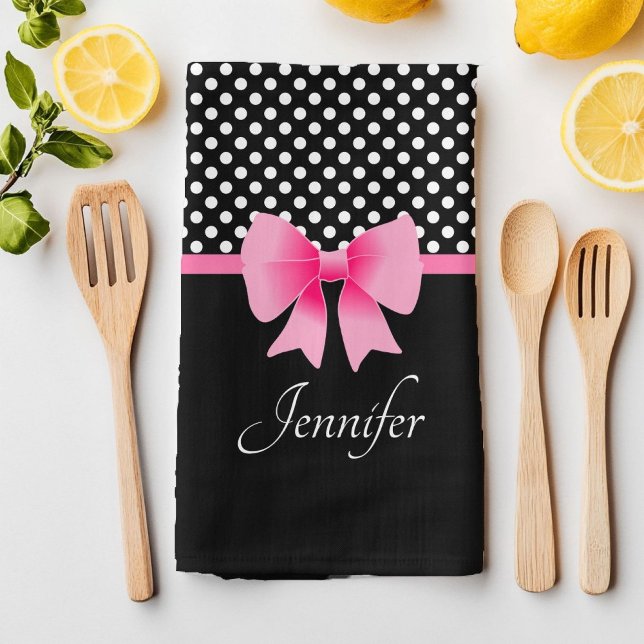 Pink Ribbon Black & White Polka Dots Name Tea Towel (Cute Pink Bow Black And White Kitchen Towel
)