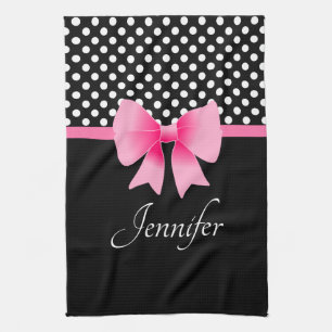 Pink Ribbon Black & White Polka Dots Name Tea Towel