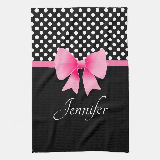 Pink Ribbon Black & White Polka Dots Name Tea Towel (Vertical)