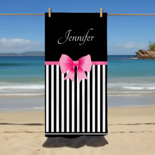 Pink Ribbon Black & White Striped Pattern Name Beach Towel