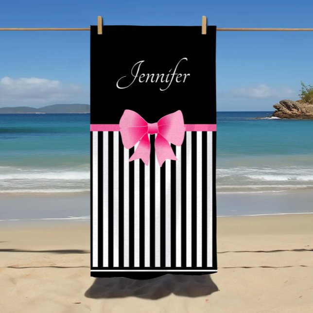 Pink Ribbon Black & White Striped Pattern Name Beach Towel (Custom Name Cute Pink Ribbon Black & White Striped Beach Towel)