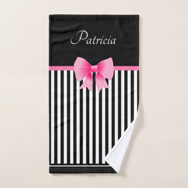 Pink Ribbon Black & White Stripes Pattern Name Bath Towel Set (Hand Towel)