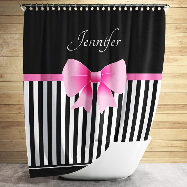 Pink Ribbon Black & White Stripes Pattern Name Shower Curtain (Cute Black & White Stripes Pattern Pink Bow Name Shower Curtain)