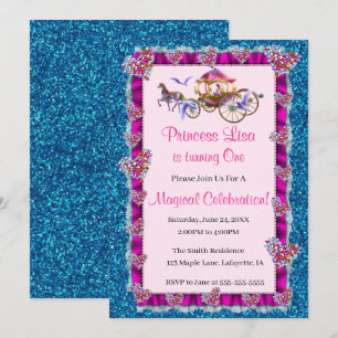 Pink Ribbon Blue Glitter Royal Princess Birthday Invitation