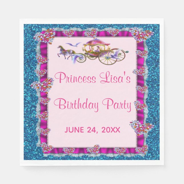 Pink Ribbon Blue Glitter Royal Princess Birthday Napkin (Front)