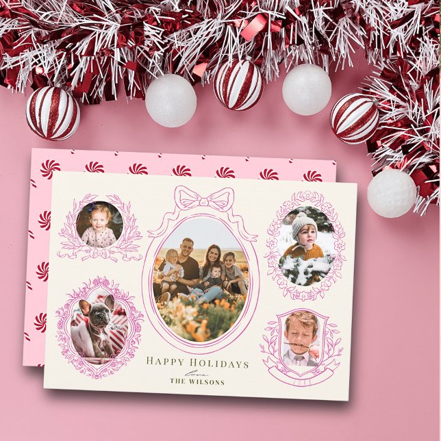 Pink Ribbon & Botanical Frames 5 Photo Holiday Card (Creator Uploaded)