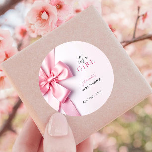 Pink Ribbon Bow Baby Shower It's a Girl Classic Round Sticker