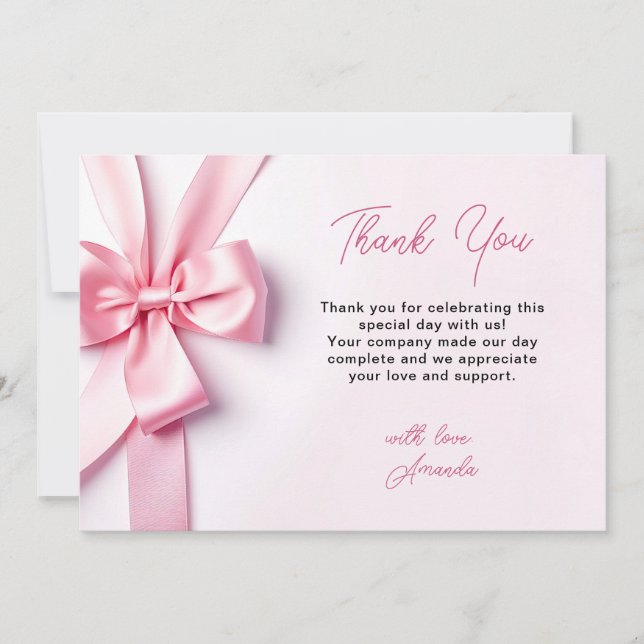 Pink Ribbon Bow Baby Shower Thank You Card (Front)