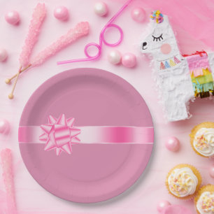 Pink Ribbon Bow Birthday Paper Plate